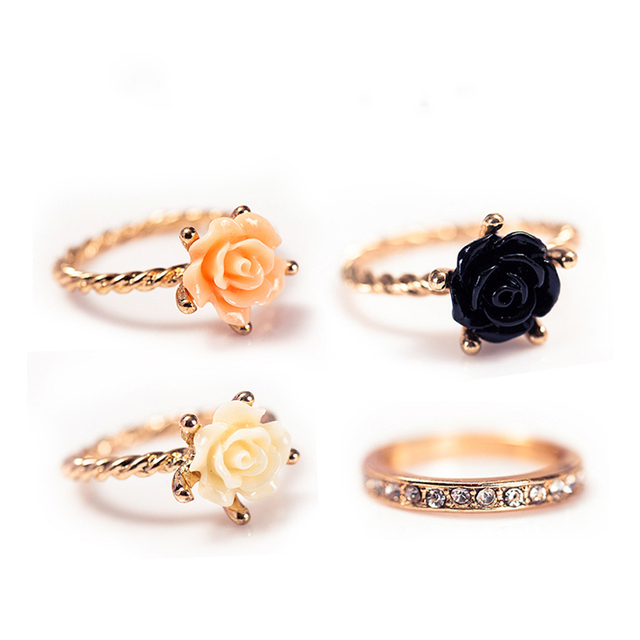 Zestaw 2 pierścieni ślubnych dla kobiet, modny w kolorze złotym i czarnym z białym kwiatem, styl Boho, ozdobione Rhinestonem - Wianko - 8
