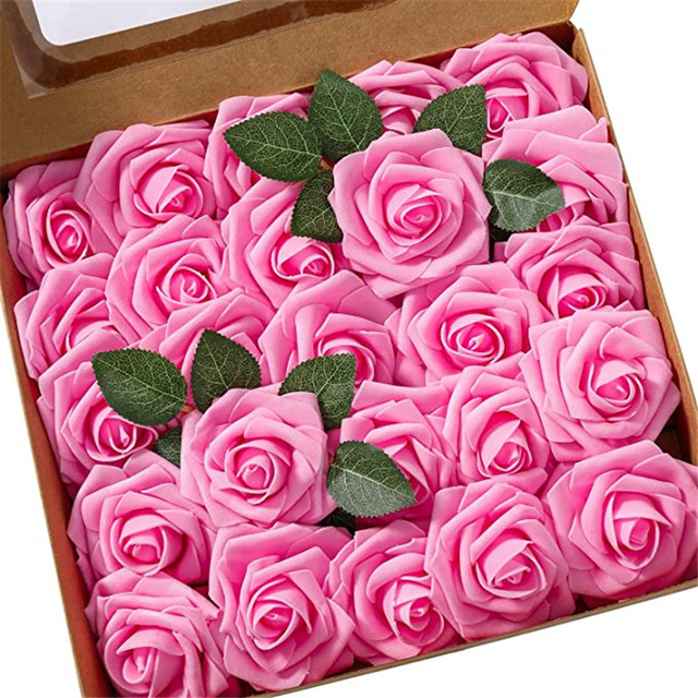 25 sztuk pianka PE główki kwiatów róży z łodygi i liści - DIY kwietna ściana na wesele i dekoracja - sztuczne kwiaty róże wieniec - Wianko - 3