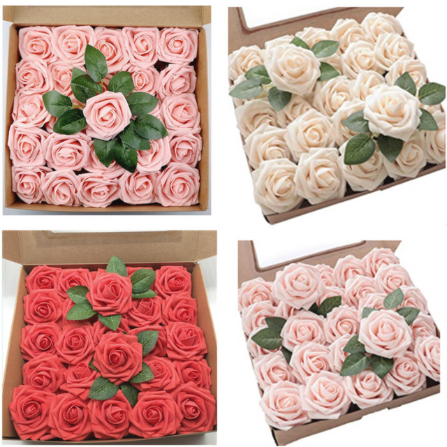 25 sztuk pianka PE główki kwiatów róży z łodygi i liści - DIY kwietna ściana na wesele i dekoracja - sztuczne kwiaty róże wieniec - Wianko - 1