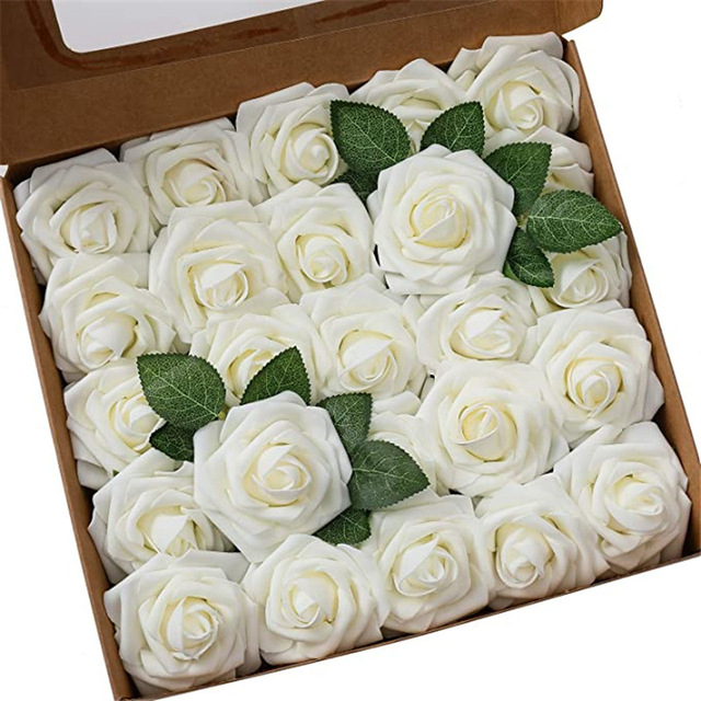 25 sztuk pianka PE główki kwiatów róży z łodygi i liści - DIY kwietna ściana na wesele i dekoracja - sztuczne kwiaty róże wieniec - Wianko - 6