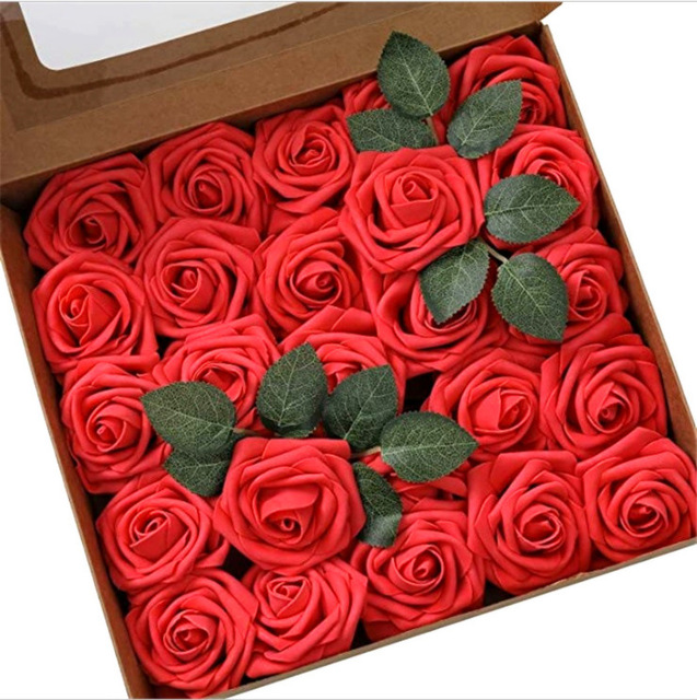 25 sztuk pianka PE główki kwiatów róży z łodygi i liści - DIY kwietna ściana na wesele i dekoracja - sztuczne kwiaty róże wieniec - Wianko - 4