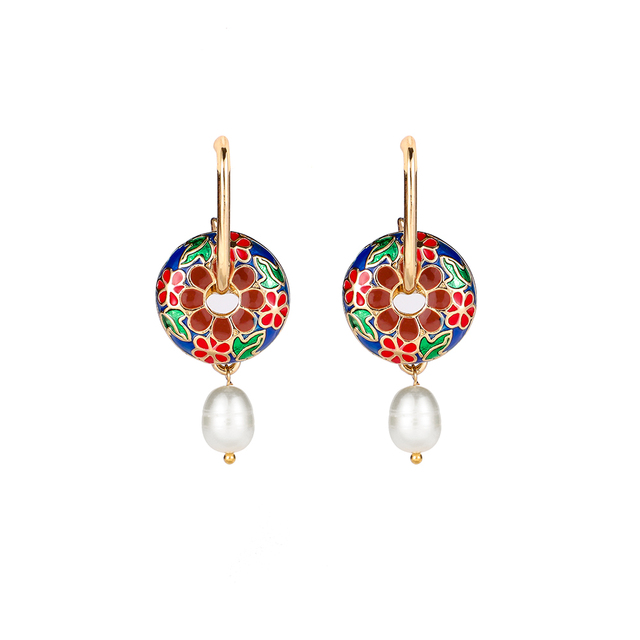 Wiszące kolczyki vintage z okrągłym, błyszczącym geometrycznym kwiatkiem i perłą w stylu koreańskiej biżuterii - Wianko - 8
