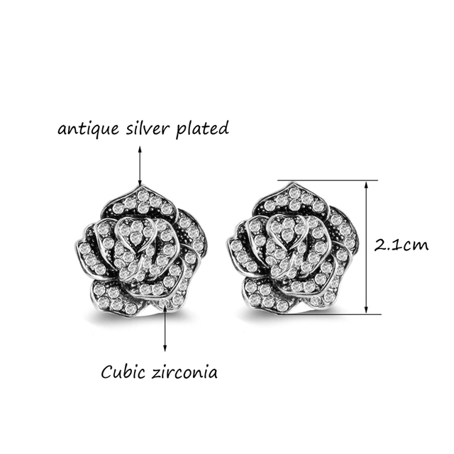 Srebrne kolczyki z różą - vintage biżuteria, solidne sztyfty, zdobione cyrkoniami - Wianko - 5