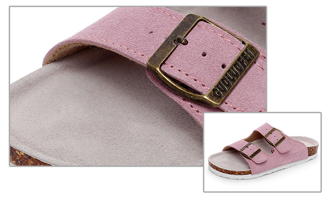 Klasyczne sandały dla kobiet 2021 z dwiema klamrami, wykonane z wysokiej jakości krowiej zamszowej skóry - niskie obcasy - Wianko - 2