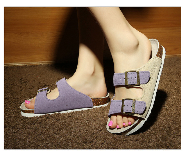 Klasyczne sandały dla kobiet 2021 z dwiema klamrami, wykonane z wysokiej jakości krowiej zamszowej skóry - niskie obcasy - Wianko - 18