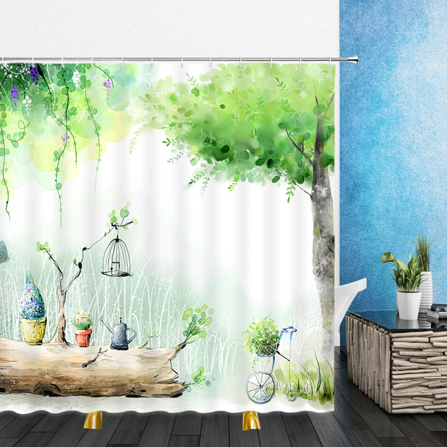 Zasłona prysznicowa krajobraz kreskówki wodospad zielone rośliny, wodoszczelna, do łazienki z wanny, zestaw 12 szt. haków - Wianko - 10