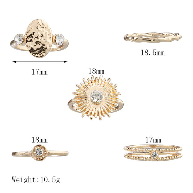 Pierścionek gotycki z kryształem Boho i złotym znaczkiem słońca (zestaw 5 sztuk) - Wianko - 18