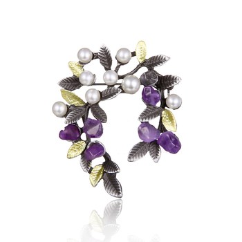 Broszka liść z fioletowym naturalnym kamieniem perłą i sztucznymi żwirami - modny dodatek do klapy, biżuteria ślubna - Wianko - 22