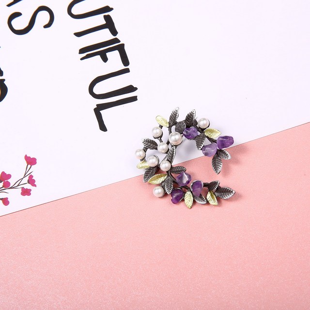 Broszka liść z fioletowym naturalnym kamieniem perłą i sztucznymi żwirami - modny dodatek do klapy, biżuteria ślubna - Wianko - 97