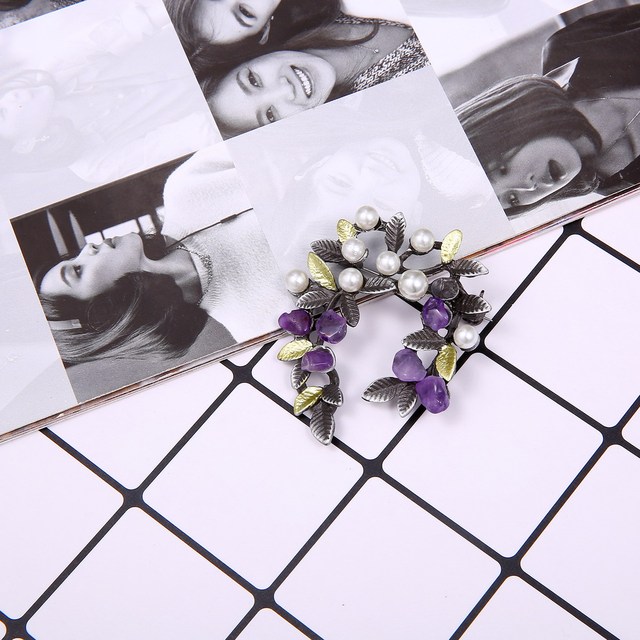 Broszka liść z fioletowym naturalnym kamieniem perłą i sztucznymi żwirami - modny dodatek do klapy, biżuteria ślubna - Wianko - 98