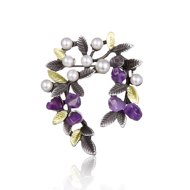 Broszka liść z fioletowym naturalnym kamieniem perłą i sztucznymi żwirami - modny dodatek do klapy, biżuteria ślubna - Wianko - 94