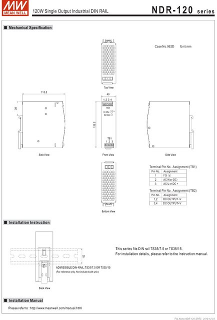Mean Well NDR-120 - Oryginalny przemysłowy zasilacz na szynę DIN, jedno wyjście, DC 12V/24V/48V, 120W - Wianko - 4