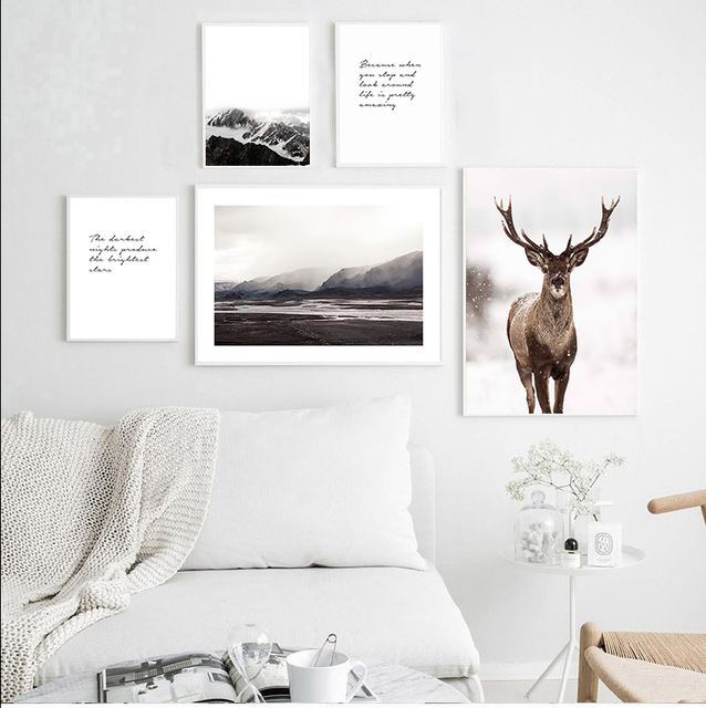 Skandynawskie płótno ozdobne: styl skandynawski, drukowany obraz Deer Mountain, malarstwo nowoczesne dla salonu - Wianko - 4