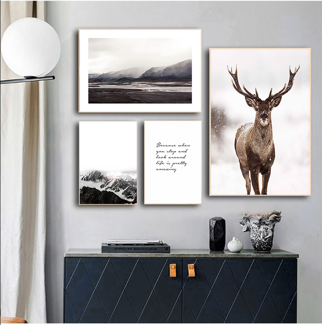 Skandynawskie płótno ozdobne: styl skandynawski, drukowany obraz Deer Mountain, malarstwo nowoczesne dla salonu - Wianko - 5
