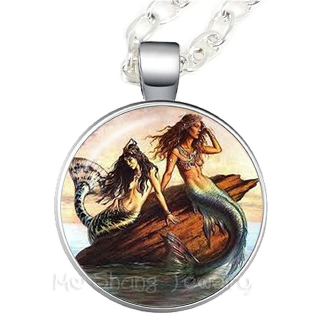 Naszyjnik z okrągłym szklanym kaboszonem 25mm - mały wisiorek syrenka Fantasy z morskimi bajkami i mitologią - Wianko - 8