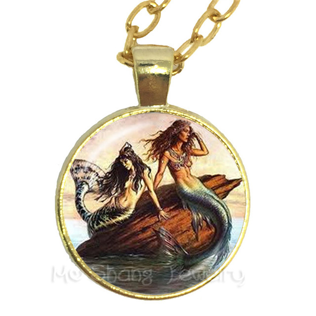 Naszyjnik z okrągłym szklanym kaboszonem 25mm - mały wisiorek syrenka Fantasy z morskimi bajkami i mitologią - Wianko - 9