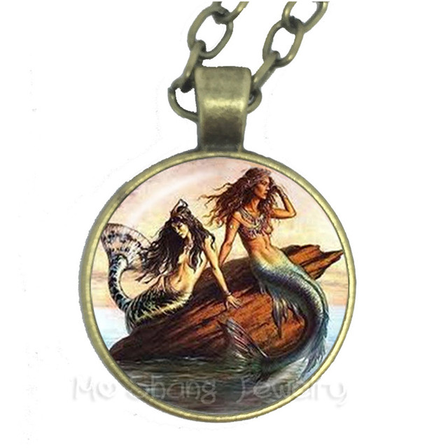 Naszyjnik z okrągłym szklanym kaboszonem 25mm - mały wisiorek syrenka Fantasy z morskimi bajkami i mitologią - Wianko - 10