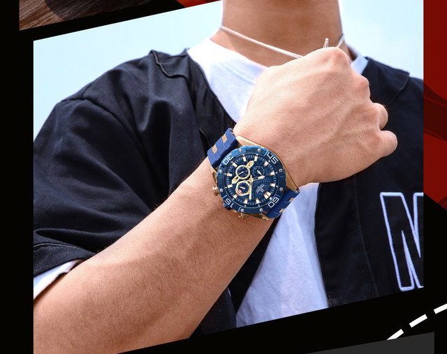 Męski zegarek sportowy NAVIFORCE z chronografem, gumowym paskiem w kolorze pomarańczowym, marki luksusowej 8019 - Wianko - 6