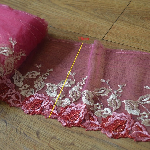 Koronka z różowym Gazue fluorescencyjnym, wysokiej jakości, 18 cm szerokości, z haftem kwiatowym - do odzieży i dekoracji ślubnych - Wianko - 1