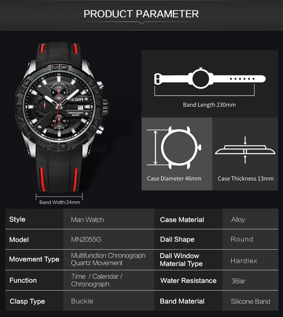 Męski zegarek sportowy Chronograf MEGIR - marka topowa, modny, kwarcowy, wojskowy, silikonowy - Wianko - 2