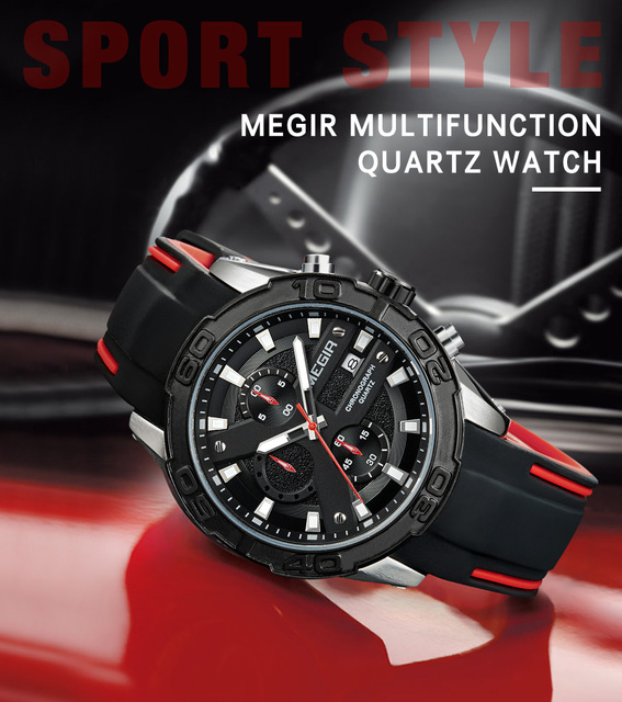 Męski zegarek sportowy Chronograf MEGIR - marka topowa, modny, kwarcowy, wojskowy, silikonowy - Wianko - 1
