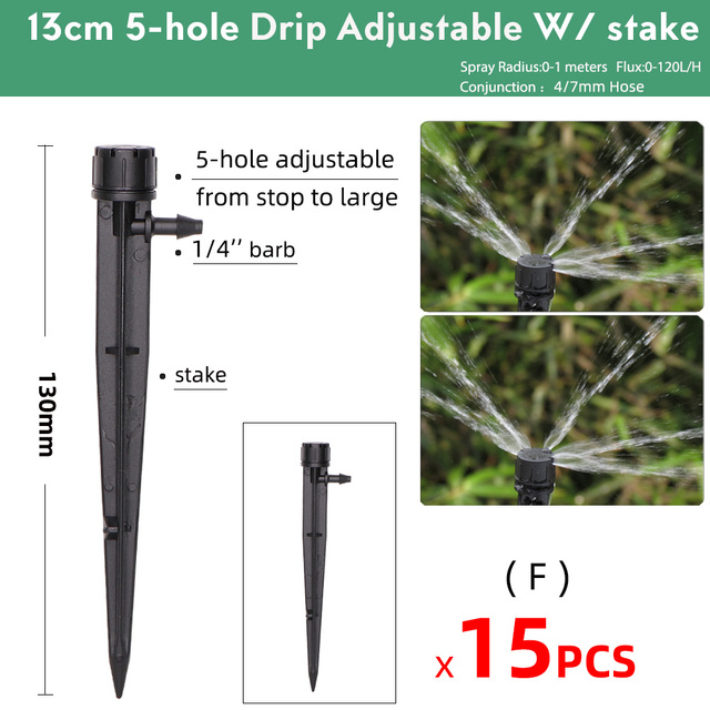 Regulowane dysze rozpylające do nawadniania kroplowego - 15 sztuk, 90/180/360°, 13 cm - Wianko - 14