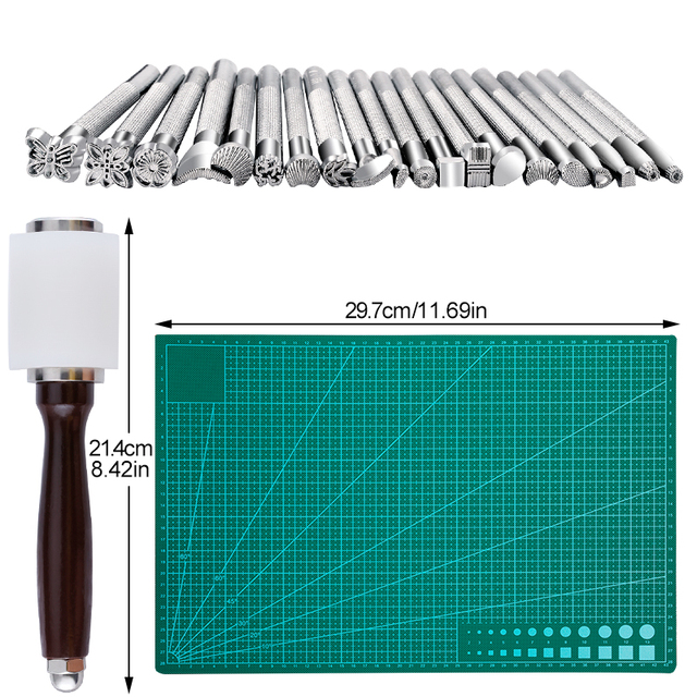 LMDZ - Zestaw narzędzi kaletniczych ze stali nierdzewnej: dłuta, młotek i otworniki (3/4/5/6mm) z diamentowym końcem, mata samolecznicza - Wianko - 3