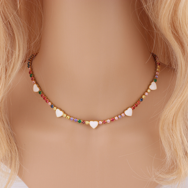 Naszyjnik Choker Charms Emalia Heart Rainbow z Kryształem CZ Cyrkonia - Biżuteria dla Kobiet - Wianko - 1
