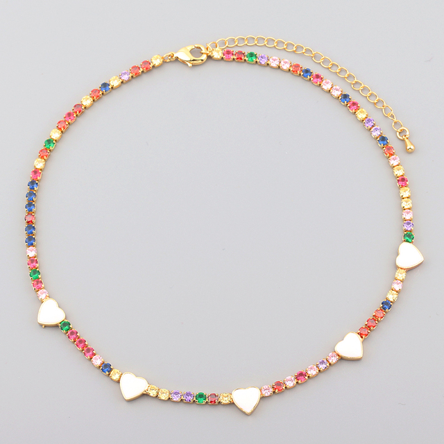 Naszyjnik Choker Charms Emalia Heart Rainbow z Kryształem CZ Cyrkonia - Biżuteria dla Kobiet - Wianko - 2