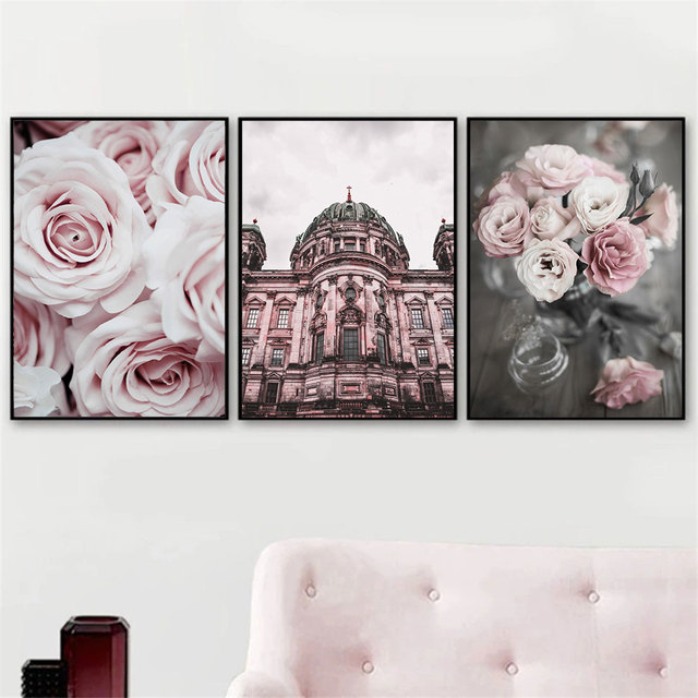 Plakat z motywem kwiatowym na płótnie - różowy samochód, ulica, budynek, dekoracje ścienne - malarstwo Nordic salon - Wianko - 3