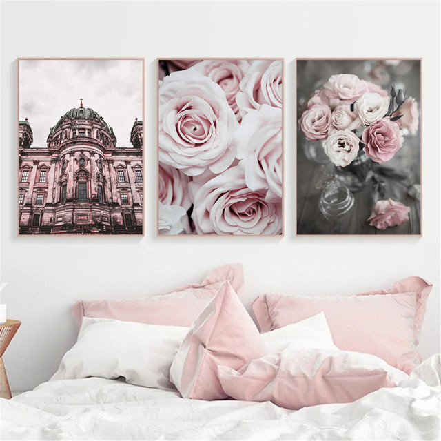 Plakat z motywem kwiatowym na płótnie - różowy samochód, ulica, budynek, dekoracje ścienne - malarstwo Nordic salon - Wianko - 4