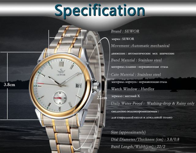 Męski zegarek na rękę Sewor Top marka, pełna stal, auto data, automatyczny mechanizm, małe sekundy - Wianko - 5