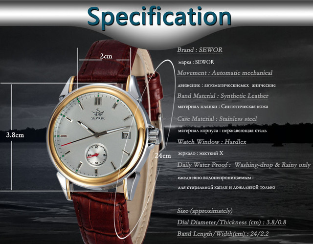 Męski zegarek na rękę Sewor Top marka, pełna stal, auto data, automatyczny mechanizm, małe sekundy - Wianko - 6