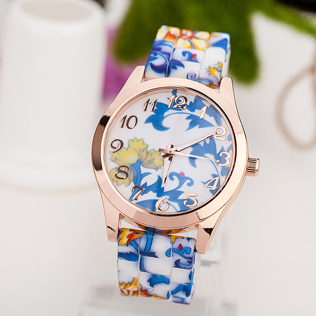 Damski zegarek modowy z nadrukiem kwiatowym, wykonany z silikonu, z mechanizmem kwarcowym na rękę, kolor różowy - Wianko - 4