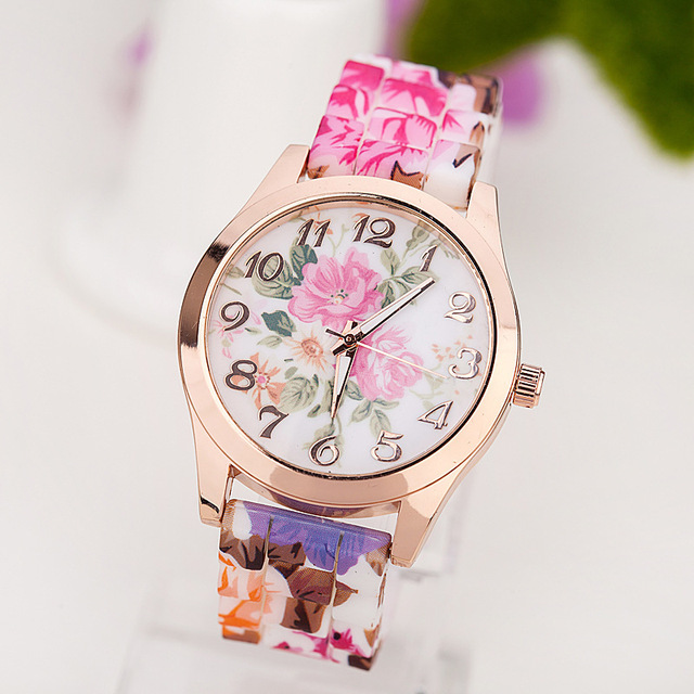 Damski zegarek modowy z nadrukiem kwiatowym, wykonany z silikonu, z mechanizmem kwarcowym na rękę, kolor różowy - Wianko - 2