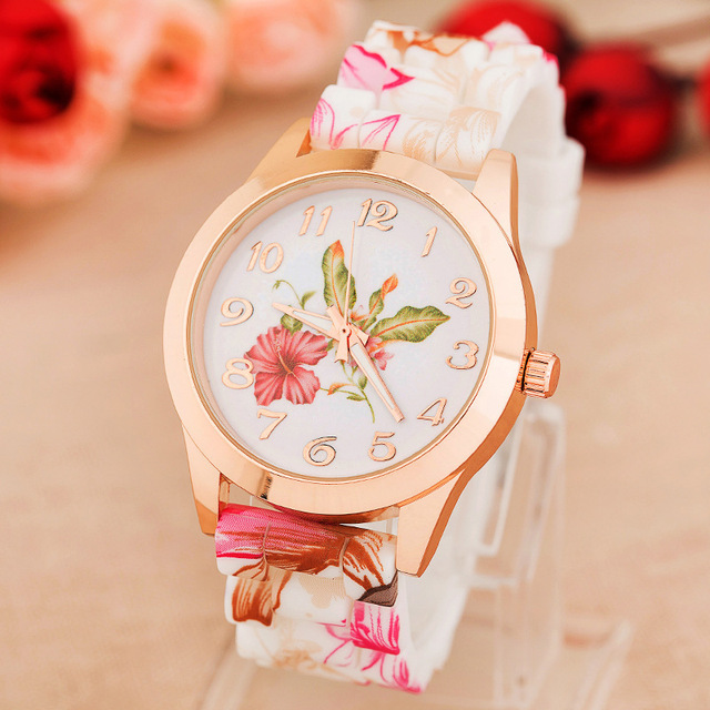 Damski zegarek modowy z nadrukiem kwiatowym, wykonany z silikonu, z mechanizmem kwarcowym na rękę, kolor różowy - Wianko - 3