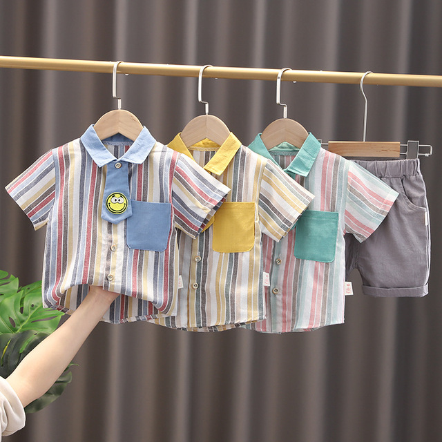 Zestaw ubranek chłopięcych dla niemowląt: koszula w paski z krótkim rękawem i spodenki, 2 sztuki - Wianko - 1