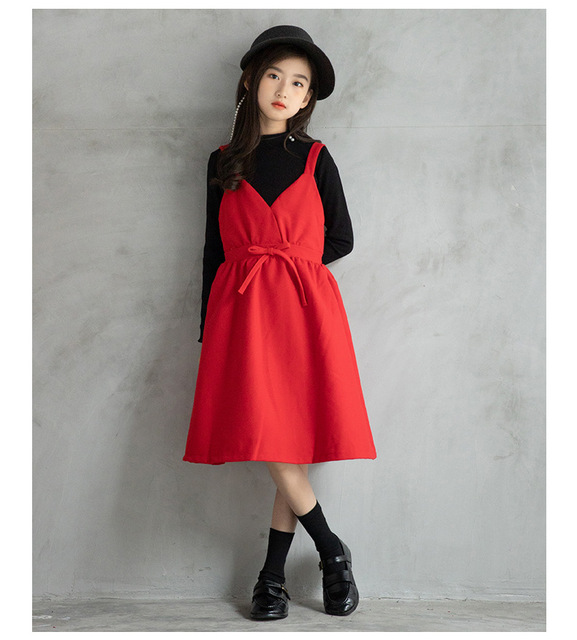 Sukienka dziecięca dla nastoletniej dziewczyny, wiosna/jesień, bez rękawów, kolor czerwony, swobodny fason, szkolna moda, z zamkiem błyskawicznym - Wianko - 3