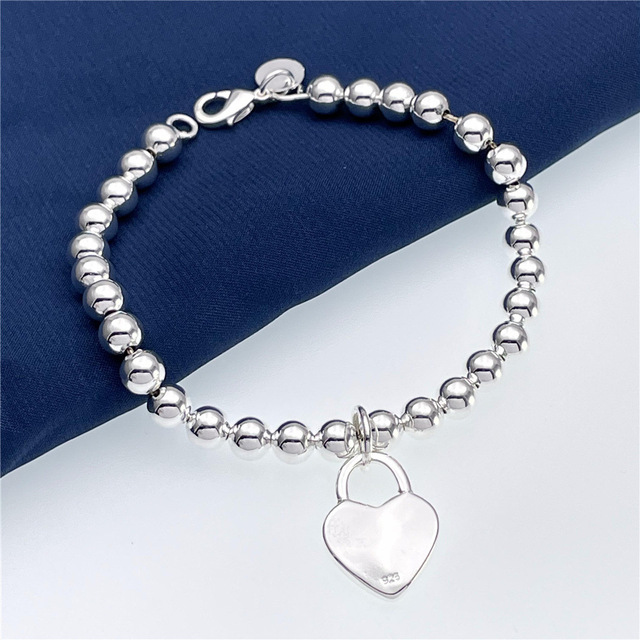 Bransoletka z łańcuszkiem i koralikami o szerokości 6mm z sercem z pozłacanego srebra 925 dla kobiet - biżuteria ślubna i prezent na Boże Narodzenie - Wianko - 1