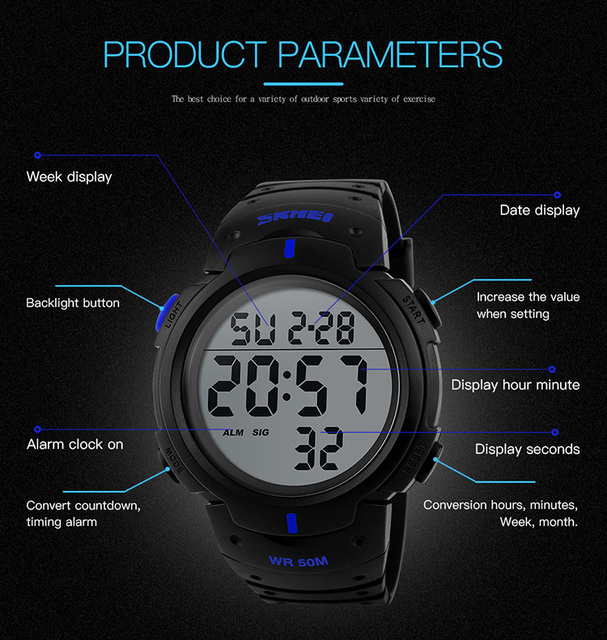 Męski zegarek cyfrowy SKMEI Chronos z odliczaniem, wodoodporny, LED, elektroniczny - Wianko - 5