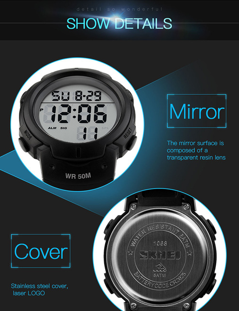 Męski zegarek cyfrowy SKMEI Chronos z odliczaniem, wodoodporny, LED, elektroniczny - Wianko - 10