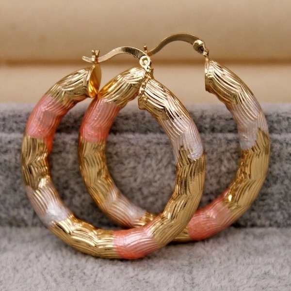 Złote kolczyki Hoop z wypełnieniem rurki i wielowarstwowym kołem, platerowane w trzech kolorach, biżuteria ślubna - Wianko - 7