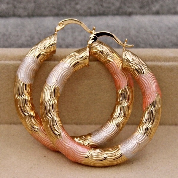 Złote kolczyki Hoop z wypełnieniem rurki i wielowarstwowym kołem, platerowane w trzech kolorach, biżuteria ślubna - Wianko - 8