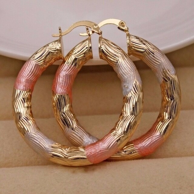 Złote kolczyki Hoop z wypełnieniem rurki i wielowarstwowym kołem, platerowane w trzech kolorach, biżuteria ślubna - Wianko - 5