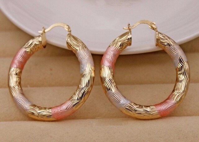 Złote kolczyki Hoop z wypełnieniem rurki i wielowarstwowym kołem, platerowane w trzech kolorach, biżuteria ślubna - Wianko - 4