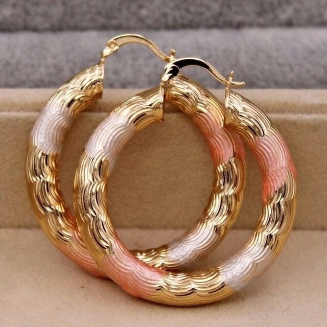 Złote kolczyki Hoop z wypełnieniem rurki i wielowarstwowym kołem, platerowane w trzech kolorach, biżuteria ślubna - Wianko - 1