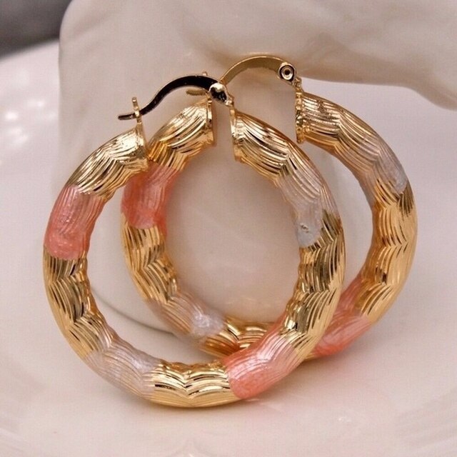 Złote kolczyki Hoop z wypełnieniem rurki i wielowarstwowym kołem, platerowane w trzech kolorach, biżuteria ślubna - Wianko - 2