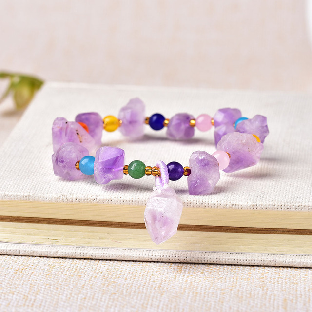 Naturalne bransoletki damskie z surowymi kryształami ametystu - prosty, kolorowy dodatek z mineralów dla pań - Wianko - 6