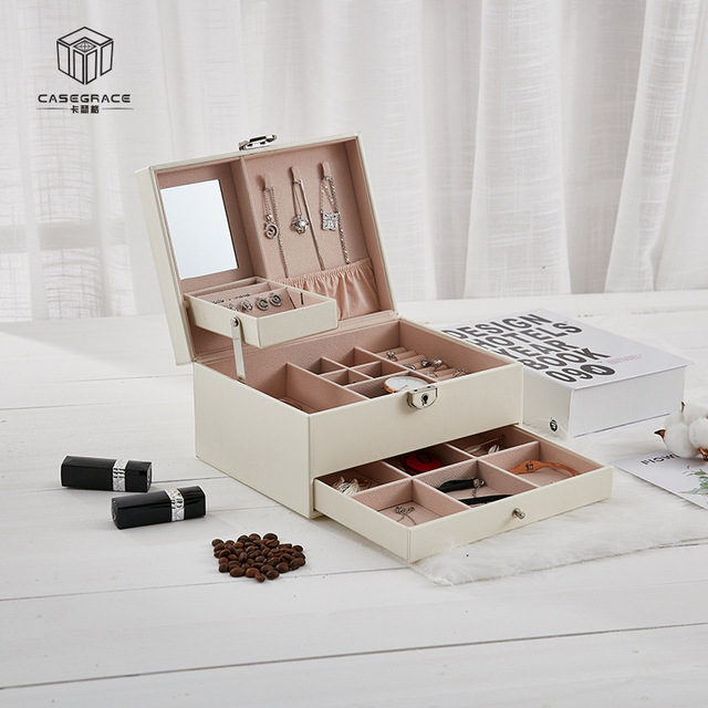 Organizer biżuterii o dużej pojemności z podwójną szufladą - idealne miejsce na kolczyki i pierścionki - Wianko - 1