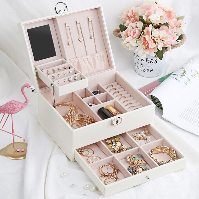 Organizer biżuterii o dużej pojemności z podwójną szufladą - idealne miejsce na kolczyki i pierścionki - Wianko - 7